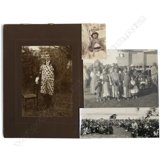 4 EARLY NZ Māori  PHOTOGRAPHS: Albumen print Māori woman + European ? man wearing cloak + 2 groups